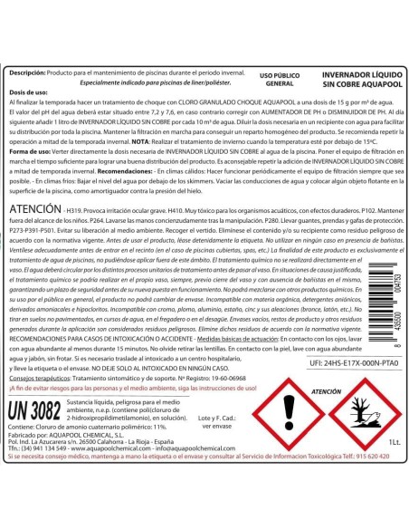 INVERNADOR LÍQUIDO SIN COBRE desinfectante y algicida