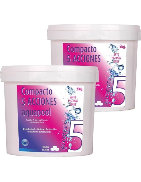Pack 2 unidades cubo 5 kg pastillas de cloro 200 gramos compacto 5 acciones Aquapool