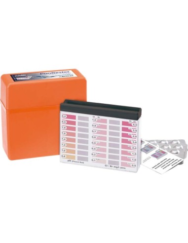 Kit medidor del pH y cloro o bromo para el análisis del agua de la piscina. Pooltester de 40 pastillas.